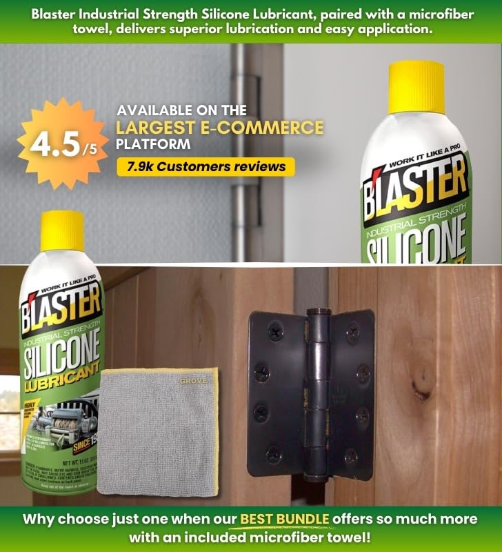 Blaster 11 oz Silicone Lubricant Spray with Microfiber Cloth - Long-Lasting Lubrication for Metal Parts, Cables, Chains, Window Tracks & Rubber Seals - 2-Pack Bundle - Perfect for Automotive Maintenance, Home Repair & Industrial Equipment Care