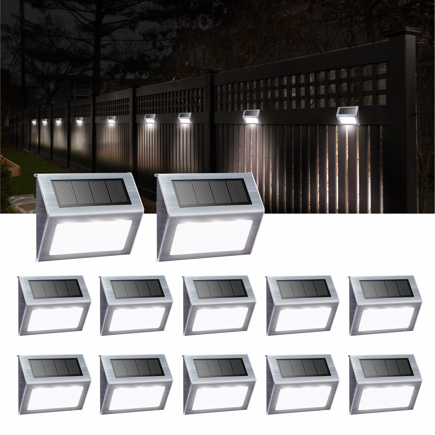 XLUX 12 Pack Solar Powered LED Lights for Deck Steps, Stairs, Fences & Pathways - Waterproof Outdoor Lighting with White Light - Perfect for Garden, Yard, Patio & Walkway Illumination