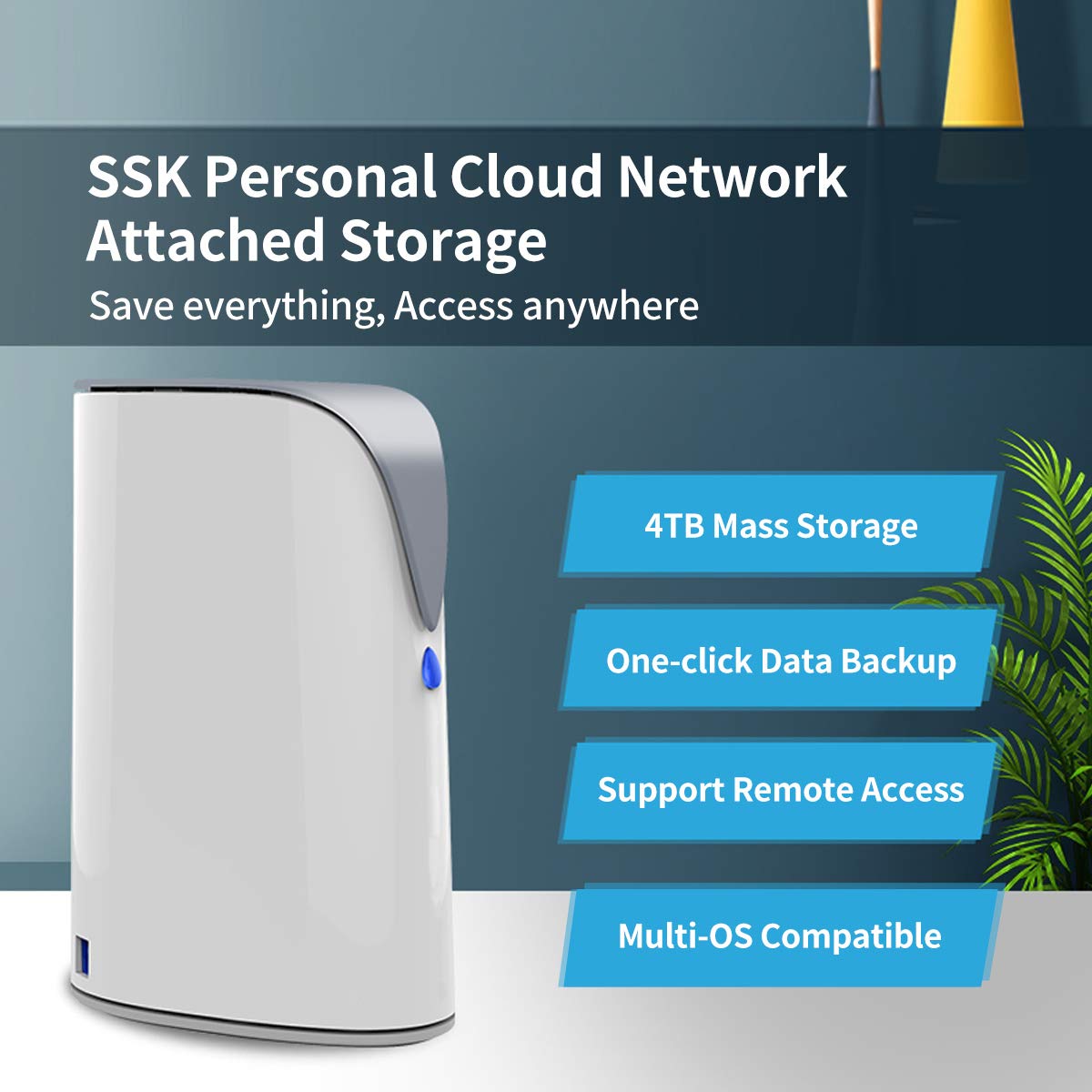 SSK 4TB Personal Cloud NAS with Hard Drive - Wireless Network Attached Storage for Auto Backup, Remote Access | Home Office & Media Storage Solution for Phones, Tablets & Laptops | Perfect for Digital Nomads, Photographers & Small Businesses