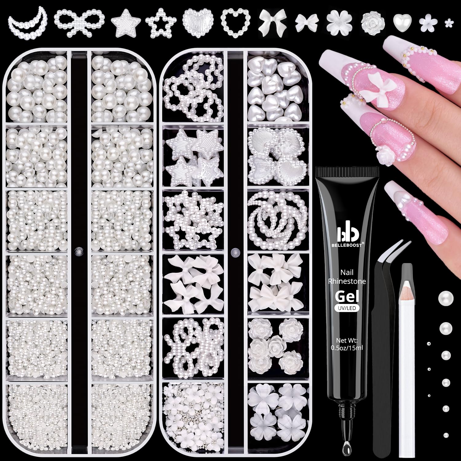 Flatback Pearls (White) & 3D Flower Rhinestone Nail Art Glue Gel - Half Round Pearls, Heart Bows, Camellia Mix Styles for Acrylic Nails & Manicure Decor | Perfect for DIY Nail Design, Bridal Nails & Salon Professional Use
