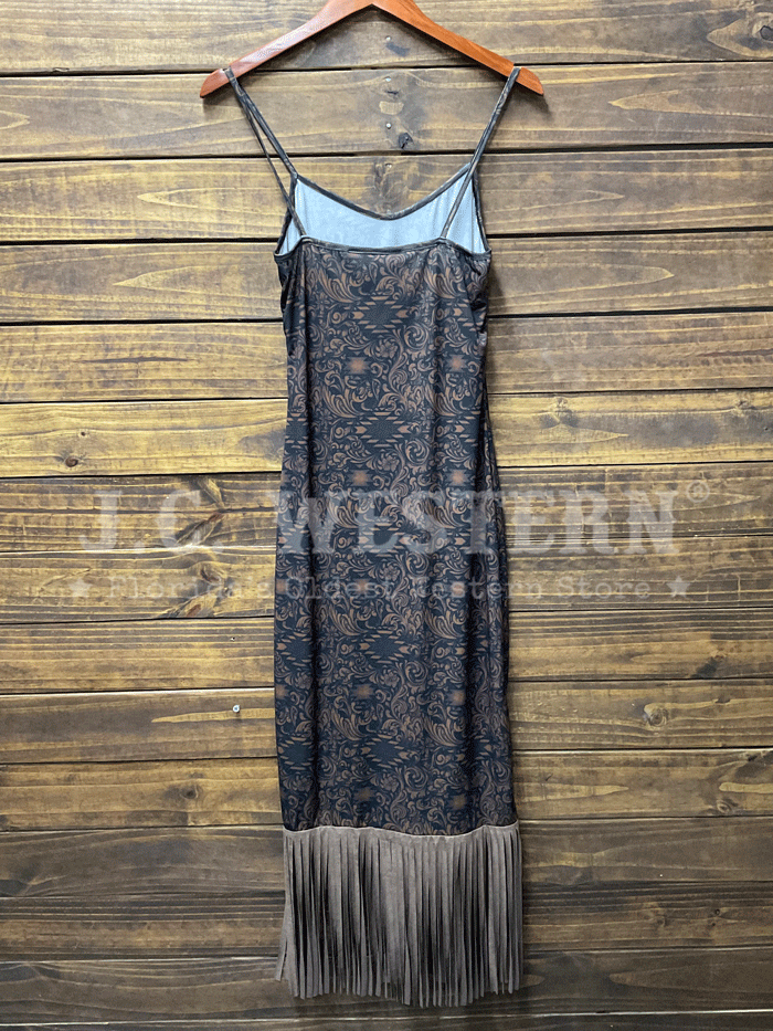 Lucky & Blessed DR039 TOL Women's Aztec Print Tooled Fringe Maxi Dress with Spaghetti Straps - Black Boho Chic Dress for Festivals, Beach Vacations & Summer Parties
