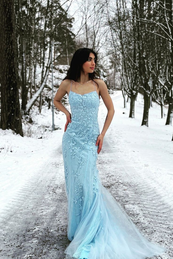 Elegant Light Blue Mermaid Long Prom Dress with Lace Detail - Formal Evening Gown for Homecoming, Wedding, and Special Occasions - Style J5765