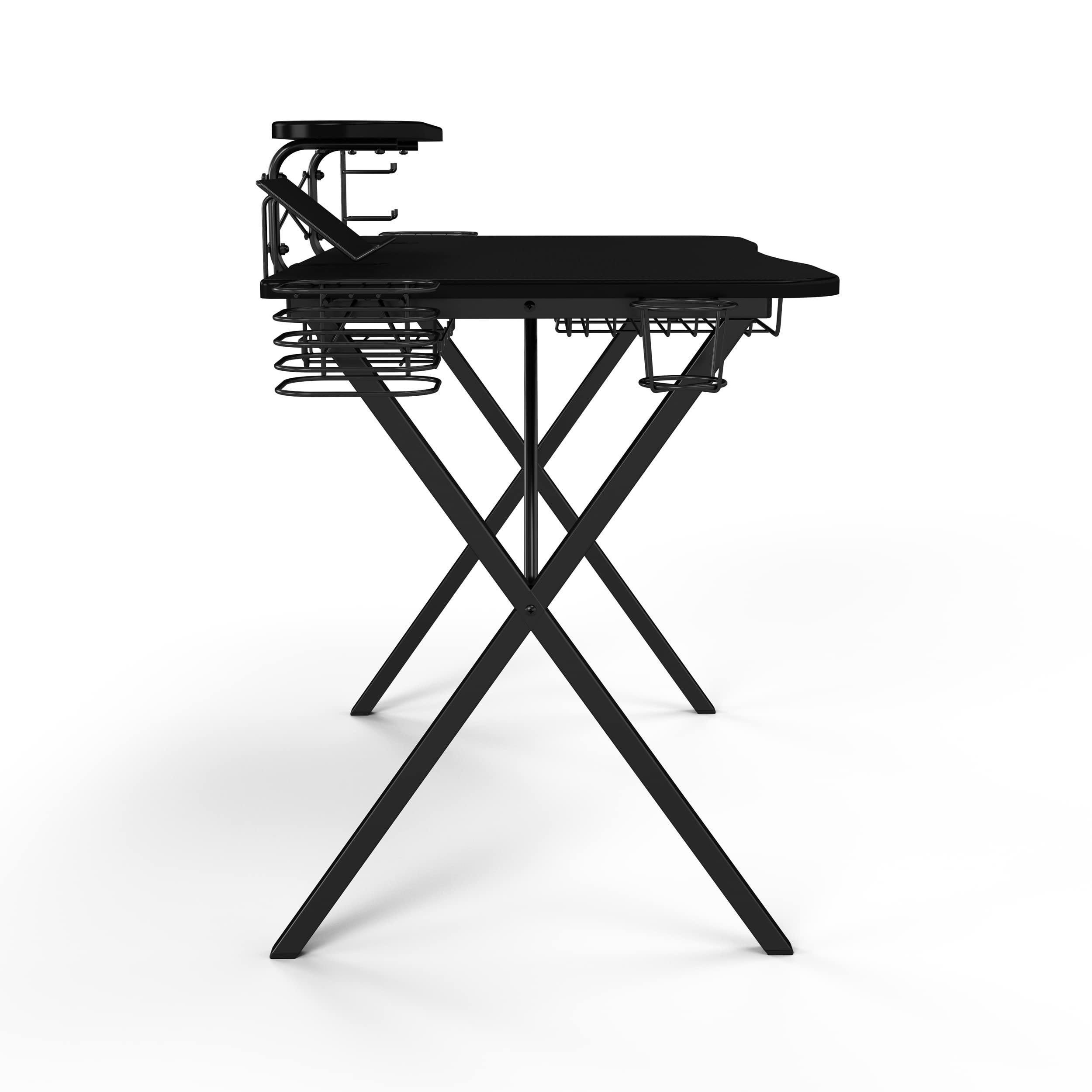 Atlantic Gaming Desk with Carbon-Fiber Desktop, X-Legs & Monitor Stand - Ergonomic Computer Desk for PC Gamers with Phone Holder & Speaker Stands (Black) - Perfect for Streaming, Esports & Home Office Setup