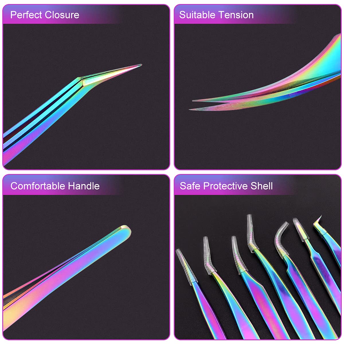 Fangze 7-Piece Eyelash Extension Tweezers Set - Professional Rainbow Stainless Steel Straight & Curved Tweezers for Lash Extensions, Nail Art, Ingrown Hair Removal & DIY Crafts - Perfect for Salon Professionals & Home Use