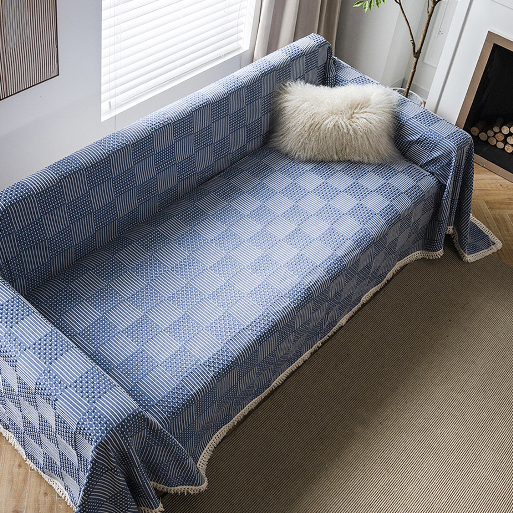 Textured Indigo Patchwork Sofa Cover - Soft Stretchable Couch Slipcover for Living Room, Sectional, Loveseat - Home Decor Protection for Pets & Kids