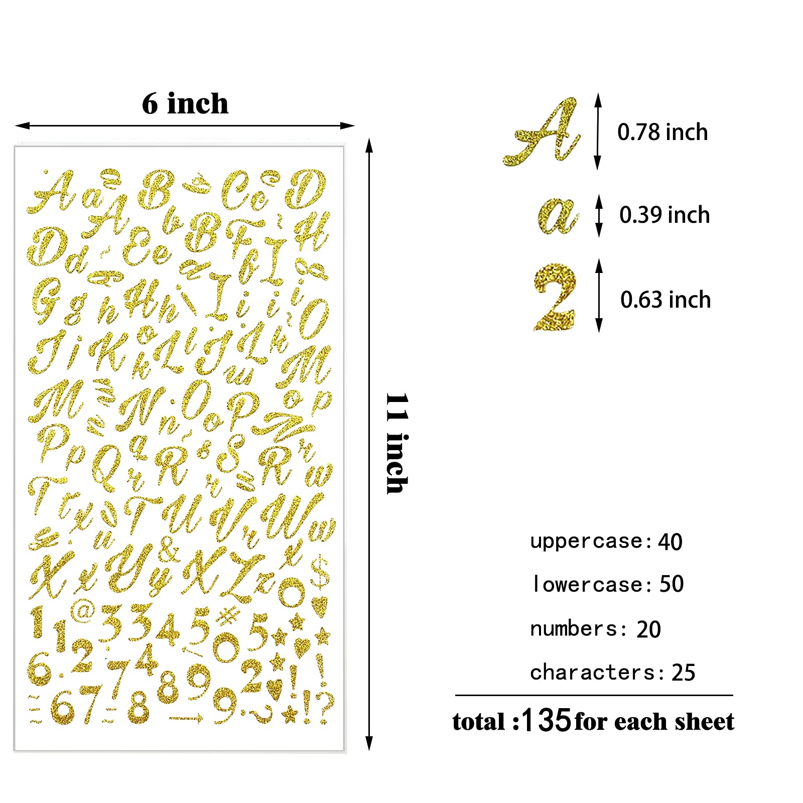 540pcs Gold Glitter Cursive Alphabet & Number Stickers - Self-Adhesive Script Letter Stickers for Scrapbooking, Graduation Cap Decoration, DIY Crafts, Journals, Planners & Home Decor