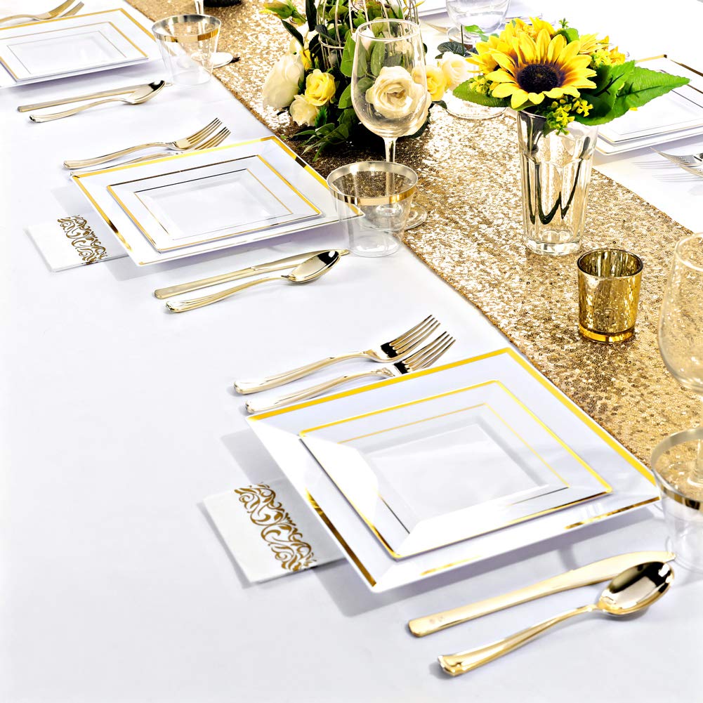 50-Pack Gold Plastic Plates with Disposable Cutlery & Cups - Square Disposable Dinnerware Set with Napkins for Wedding, Party & Events - Elegant Tableware for Bridal Showers, Baby Showers & Banquets