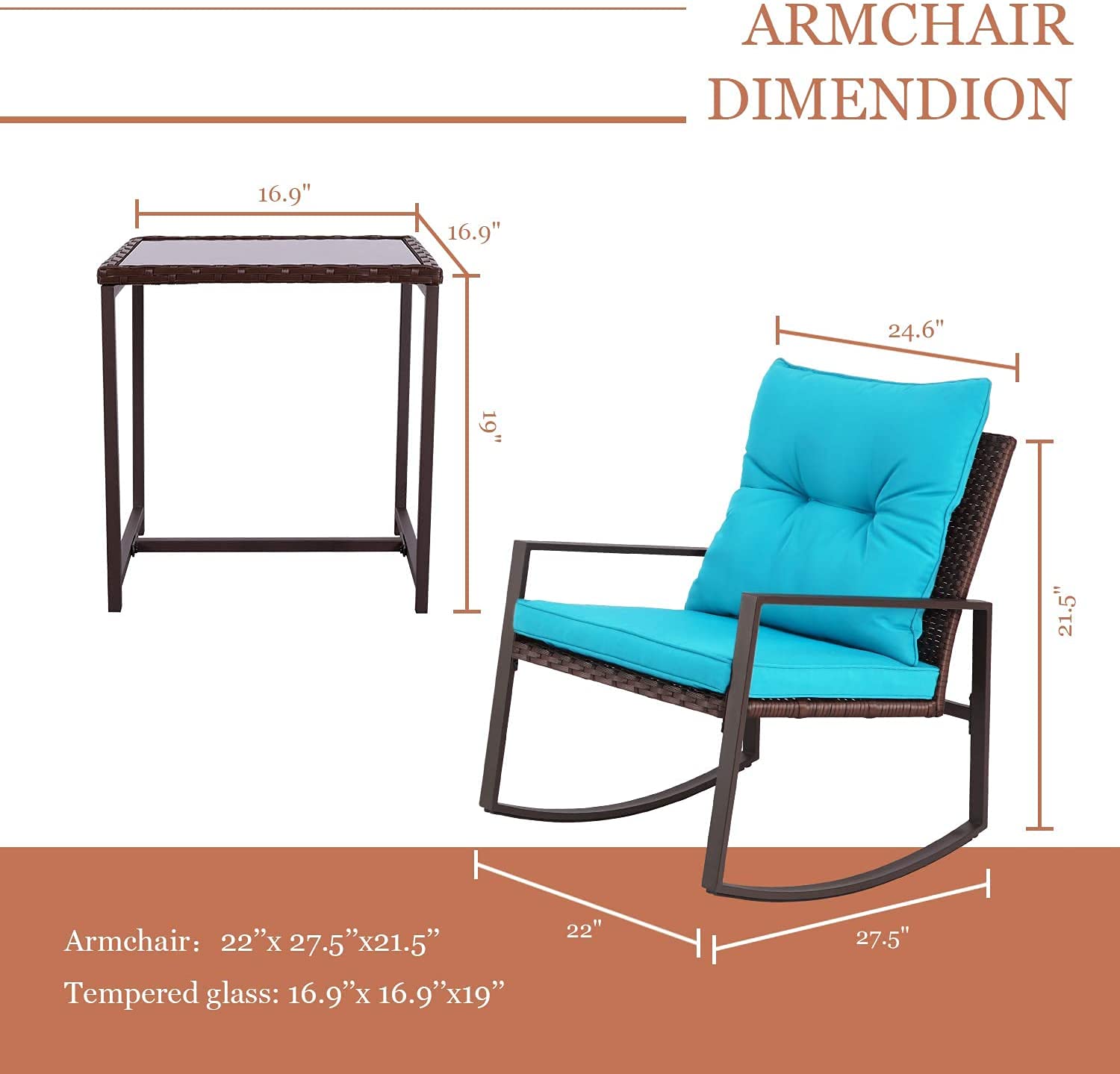 **SUNCROWN 3-Piece Patio Bistro Set - Brown Wicker Outdoor Rocking Chairs with Glass Coffee Table & Light Blue Cushions - Perfect for Porch, Garden, or Backyard Relaxation**