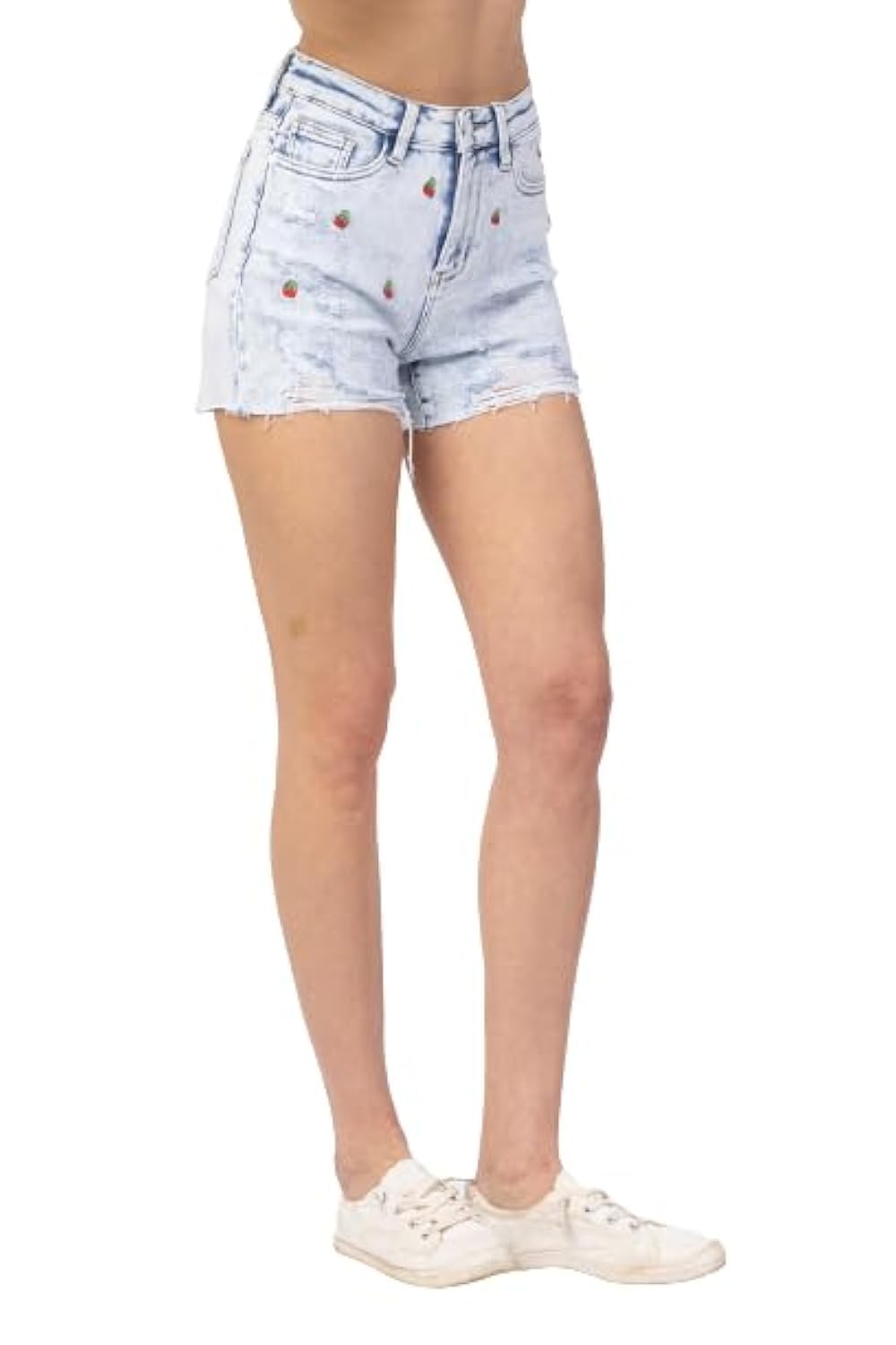 Judy Blue Women's High Waisted Denim Shorts - Acid Wash Distressed Jean Shorts with Cherry Embroidery | Casual Summer Outfits, Beach Wear & Street Style Fashion