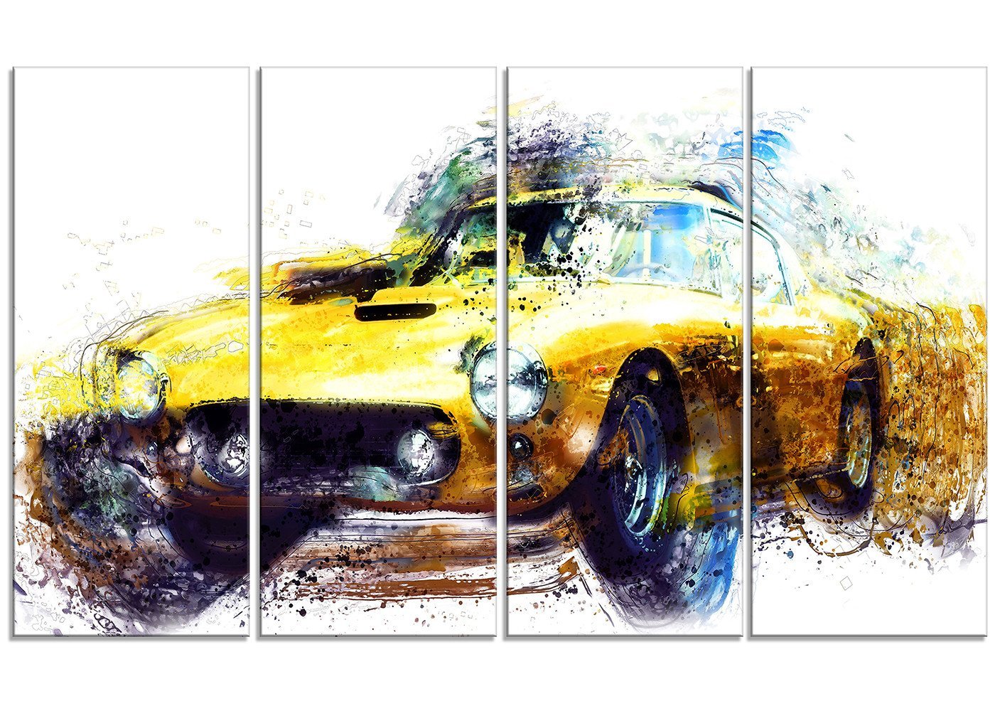 Designart Yellow Classic Car Metal Wall Art - Vintage Automotive Decor - 48x28 Inches - 4 Panel Set - Perfect for Living Room, Man Cave, Garage & Office Decor