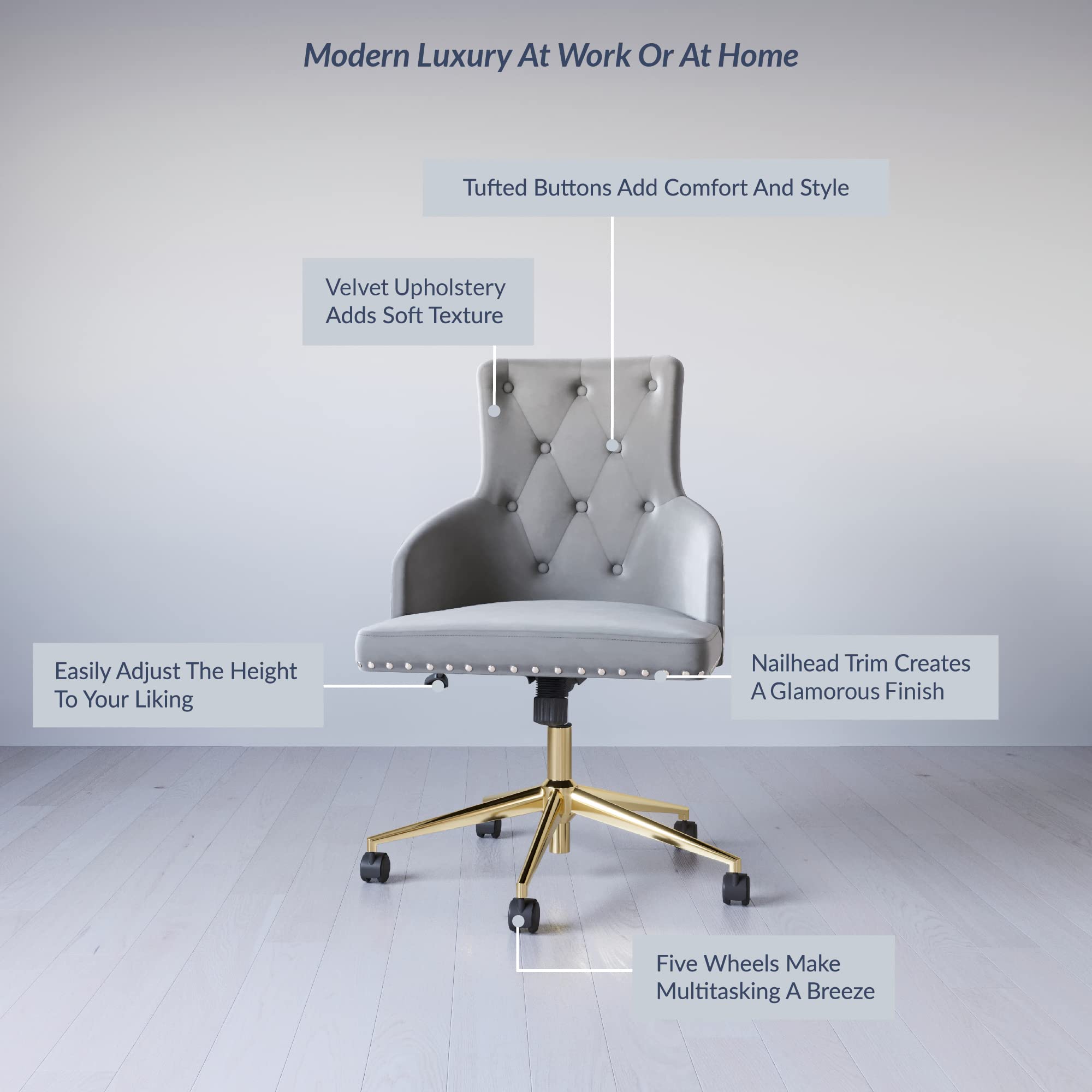 BELLEZE Modern Velvet Desk Chair - Adjustable Height Swivel Office Chair with Wheels, Tufted Upholstered Seat & Slim Arms for Home Office, Bedroom Vanity or Gaming Setup (Gray) - Ergonomic Computer Chair for Work & Study