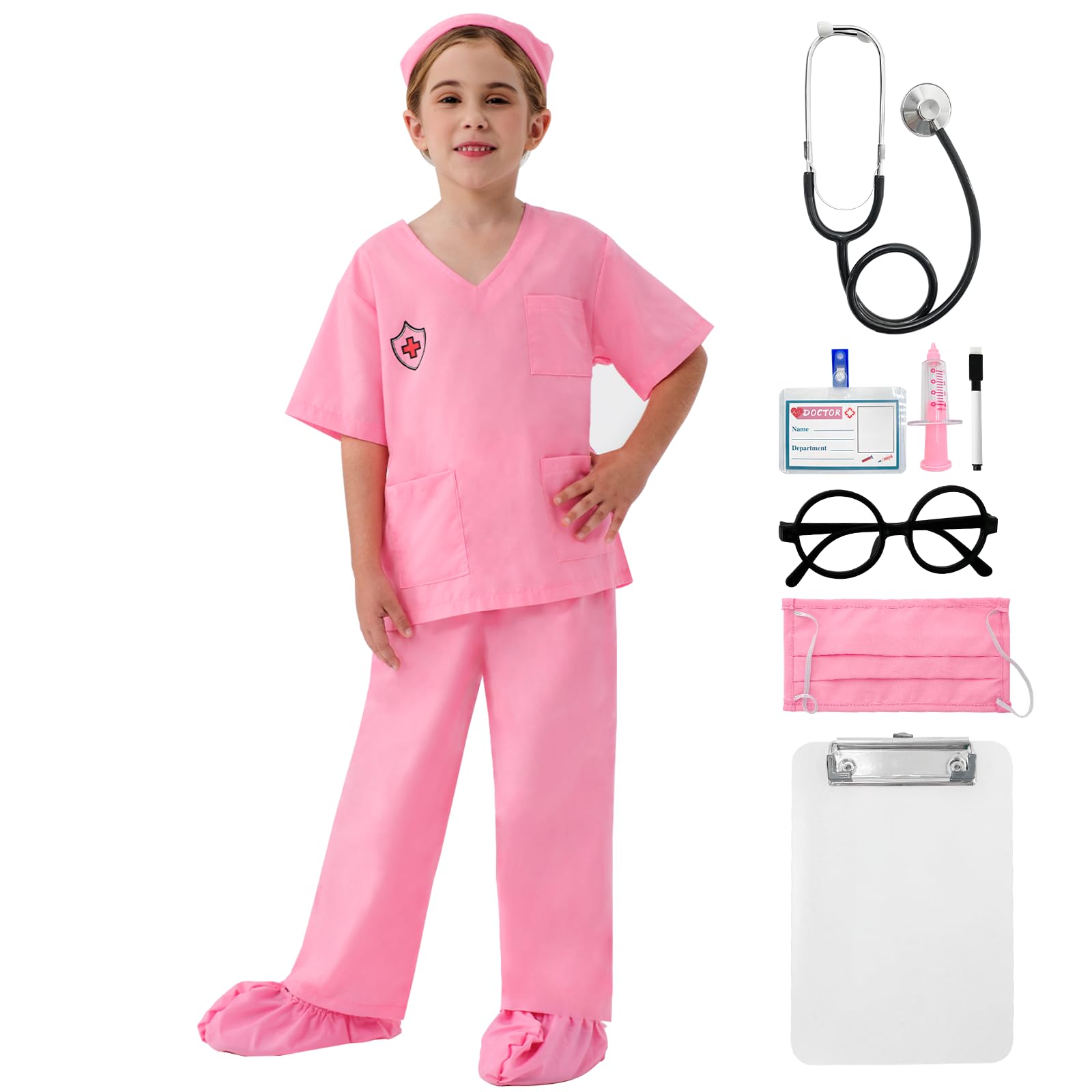 Fooecor Kids Doctor Costume Set - Halloween Scrubs & Pants for Toddler Girls with 6 Toy Medical Accessories | Pretend Play, Dress Up & Role Play Costume for Halloween, Career Day & Birthday Parties