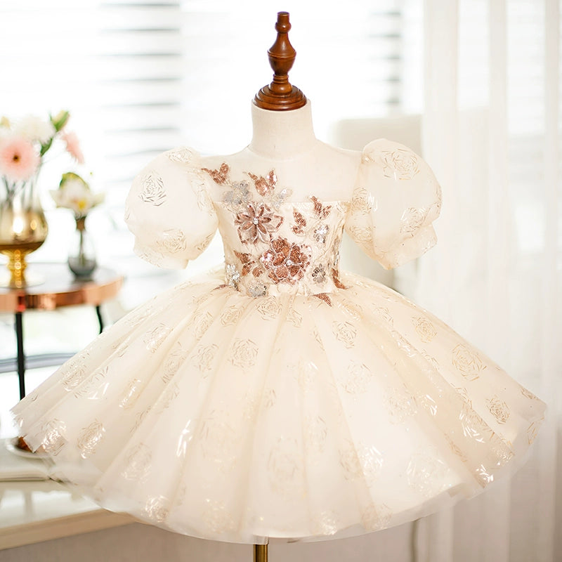 Champagne Princess Round Tea Length Organza Flower Girl Dress for Weddings & Special Occasions