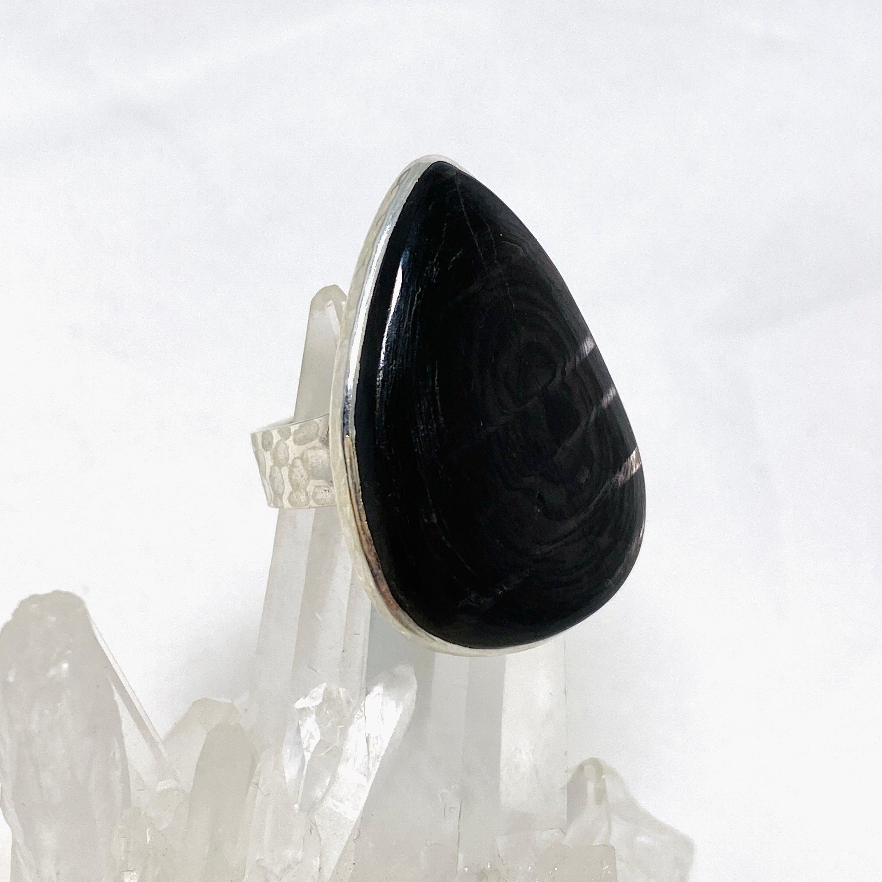 Hypersthene Teardrop Hammered Band Ring - Size 10 - KRGJ3151 | Handmade Boho Jewelry for Women, Gift for Her, Wedding, Anniversary & Everyday Wear