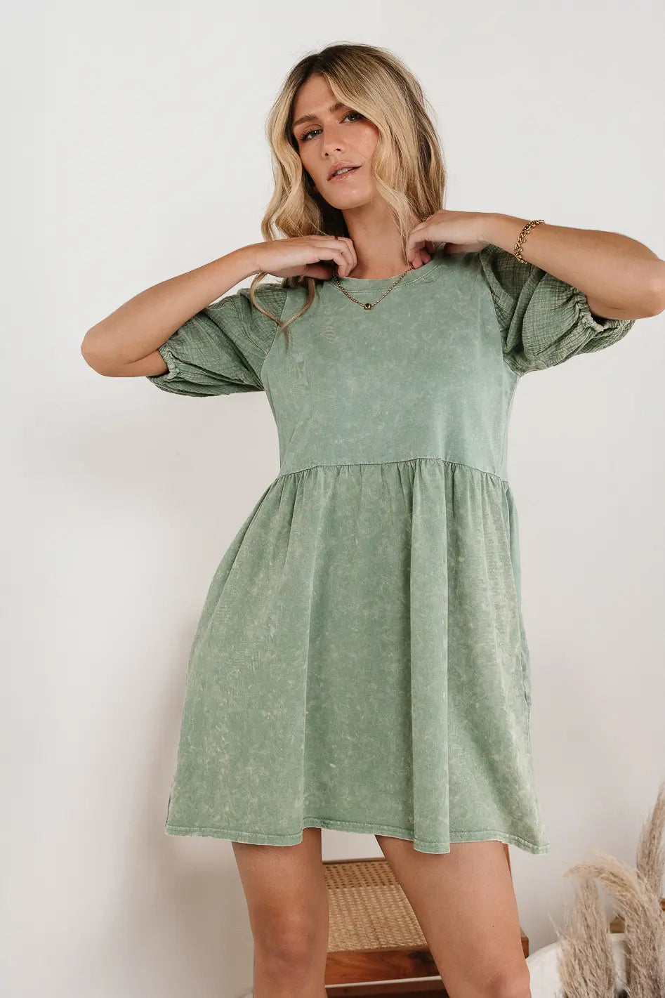 Andra Mini Dress in Sage Green - Flowy Summer Dress for Women, Boho Chic Casual Outfit, Perfect for Beach, Vacation & Date Night