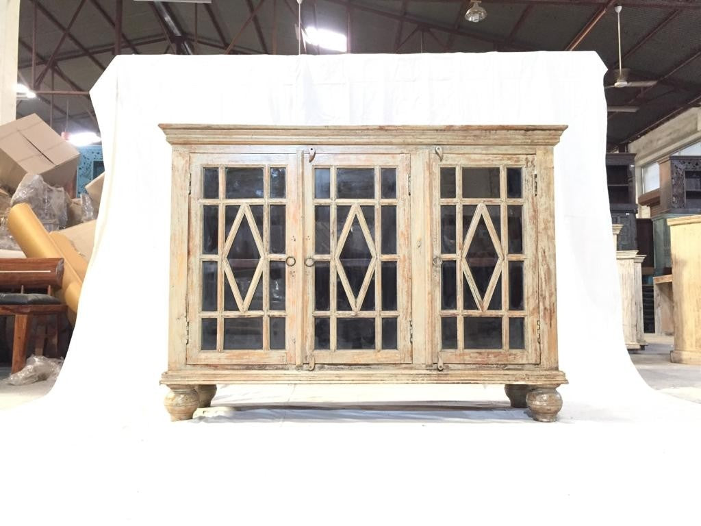 Hand Carved Indian Solid Wood Jali Buffet Sideboard with Glass Doors - Traditional Elegance for Dining Room, Living Room & Entryway Storage