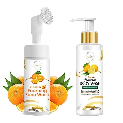 Larlex Lemon Natural Body Wash & Vitamin C Foaming Face Wash Combo Kit - Hydrating & Brightening Skincare Set for Men & Women | Daily Shower & Facial Cleansing Routine