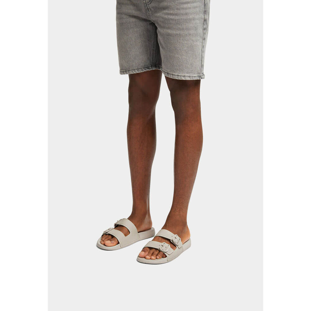 FitFlop Men's Iqushion Two Bar Buckle Slides - Comfortable Sandals for Walking & Casual Wear - Clay Grey Color | Perfect for Beach, Poolside & Summer Outfits