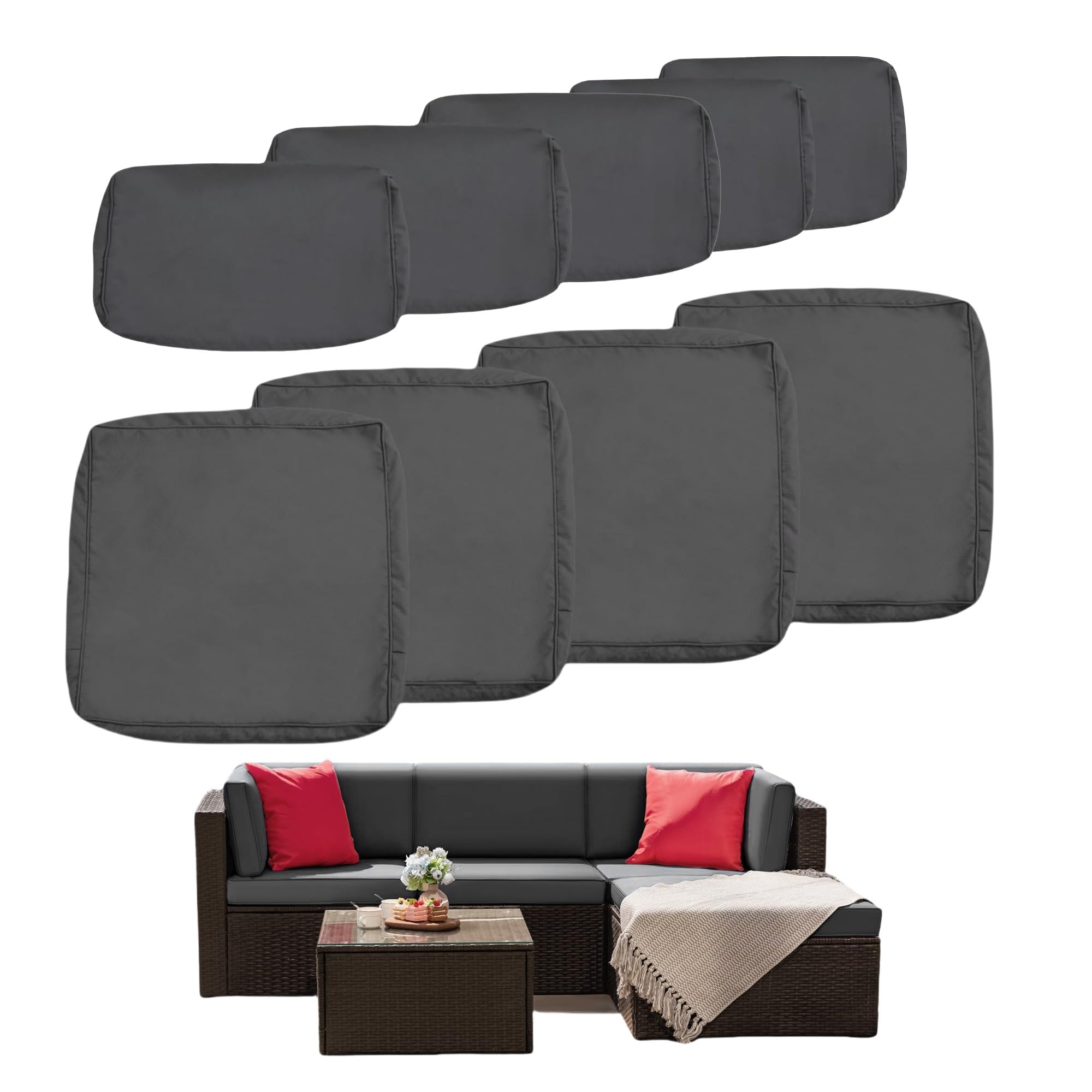 PROHIKER 9-Pack Outdoor Cushion Covers with Zipper - Replacement Covers for 5-Piece Patio Furniture Sets (Dark Gray) - Waterproof Sofa & Pillow Covers for Outdoor Conversation Sets, Deck, Porch, and Garden Furniture