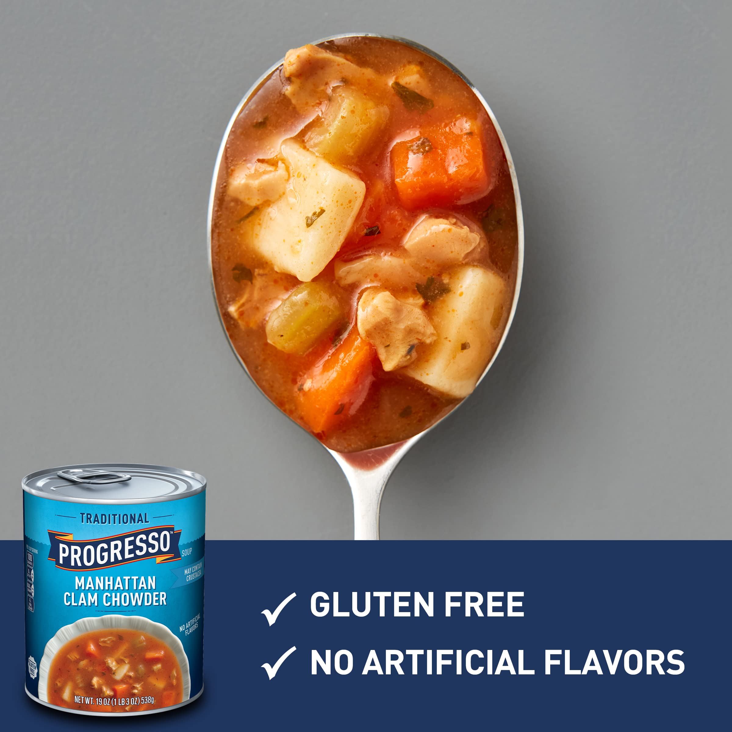 Progresso Traditional Manhattan Clam Chowder Canned Soup - Gluten Free, 19 oz (Pack of 12) | Comfort Food for Cold Days, Quick Lunch & Emergency Pantry Stock