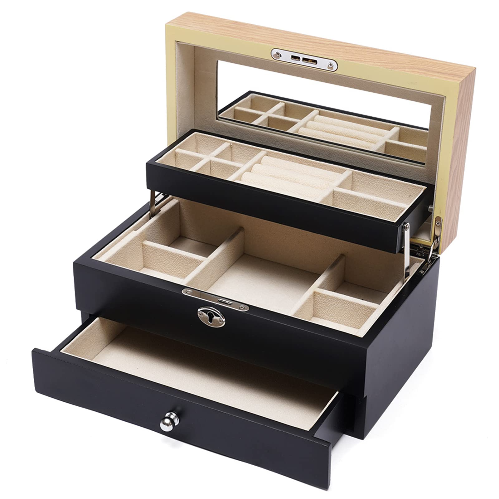 3-Layer Wooden Jewelry Box with Mirror & Lock - Watch & Jewelry Organizer for Men & Women - Valentine's Day Gift, Wedding Present, Jewelry Storage Cabinet with Display Drawers - Perfect for Bedroom Vanity, Dresser Top, or Travel Jewelry Case