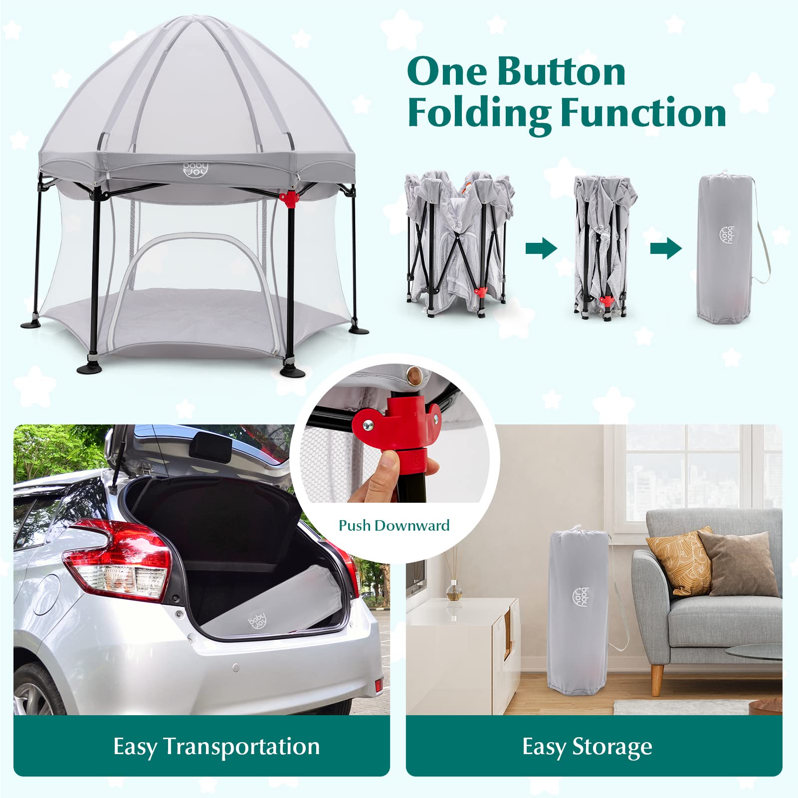 BABY JOY 53'' Portable Baby Playpen – Large Foldable Play Yard for Infants & Toddlers with UV Canopy, Padded Mat & Carry Bag | Indoor Outdoor Use for Home, Beach, Park & Backyard (Grey)