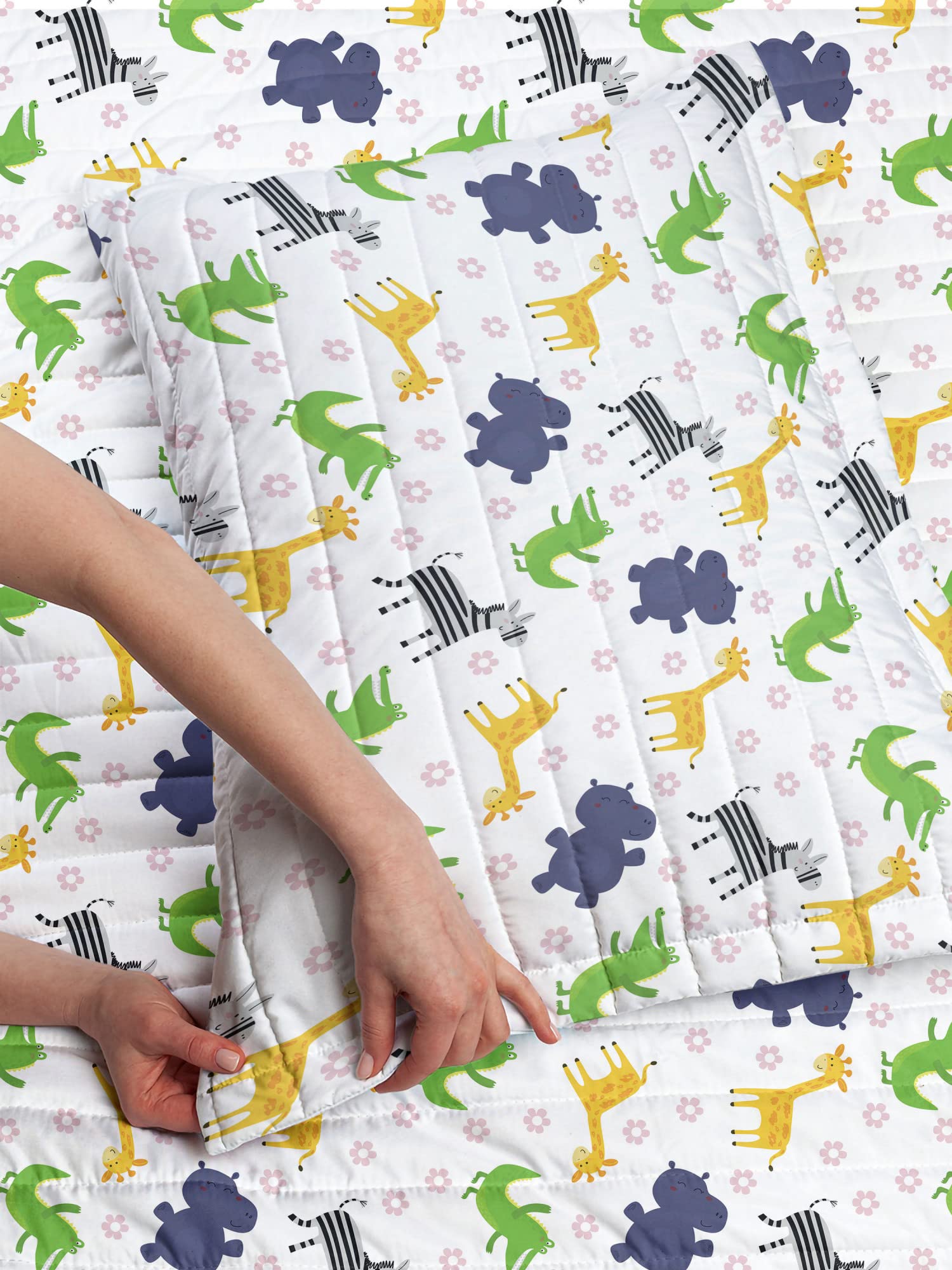 Ambesonne Hippo Microfiber Bedspread Set - Hand Drawn Cheerful Animal Pattern with Pink Daisies, Soft Twin Size Bedding Set Includes Pillow Sham & Comforter | Perfect for Kids' Room, Nursery Decor & Gift Ideas