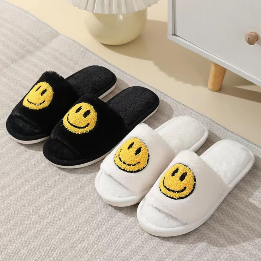 Retro Soft Plush Warm Slip-on Slippers for Women - Cozy Indoor/Outdoor House Shoes with Happy Face Design | Ultimate Comfort for Home, Office & Travel | Machine Washable Women's Slippers for All Seasons