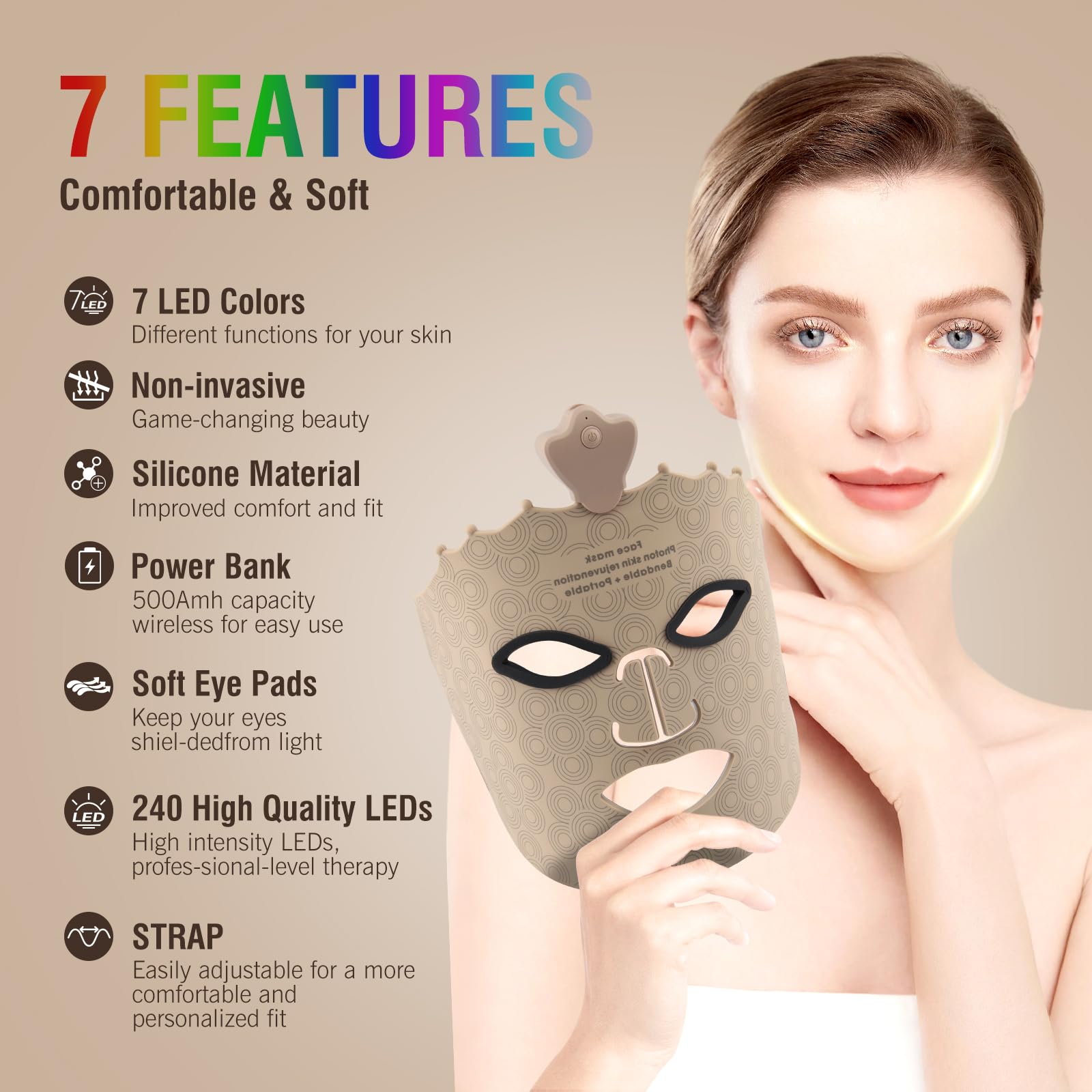 7 Color LED Face Mask Light Therapy - Red Light Therapy Mask for Anti-Aging & Wrinkle Reduction | Silicone Skin Care Mask with Eye Protection Cushion | Perfect for At-Home Facial Treatments & Spa Days