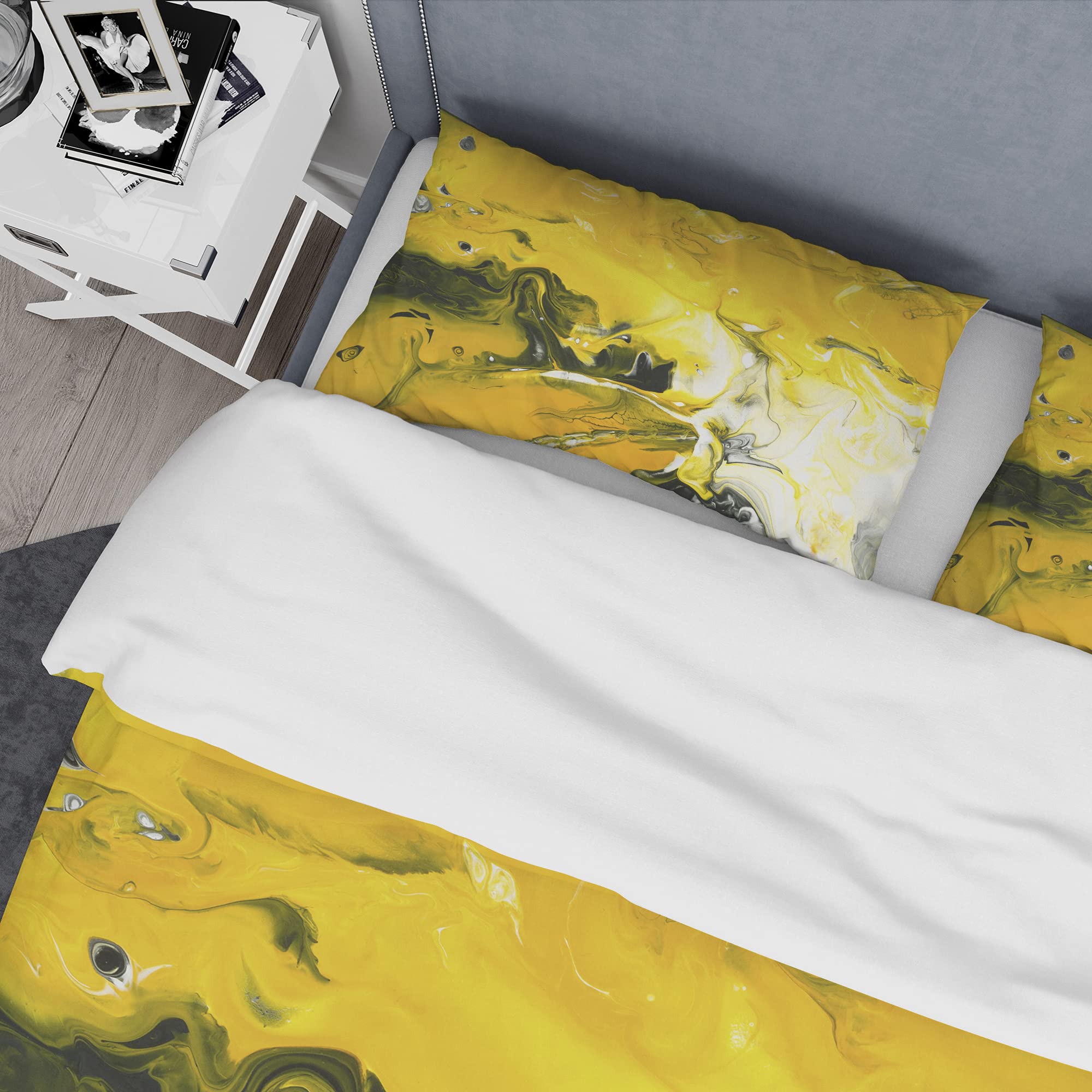 Yellow Acrylic Hand-Painted Marble Duvet Cover Set King Size - 3 Piece Abstract Modern Bedding Set for All Seasons | Contemporary Luxury Bedroom Decor for Master & Guest Rooms