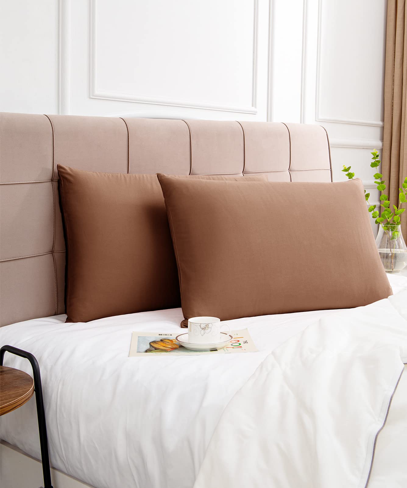 Premium 600 Thread Count King Size Cotton Pillowcases Set of 2 - 20x36 Inch Soft Long Staple Breathable Pillow Covers with Envelope Closure in Coffee Brown - Perfect for Bedroom, Hotel & Home Decor