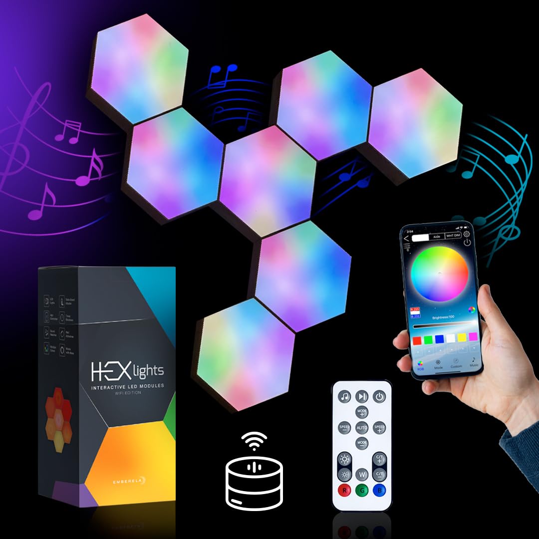 Emberela HEXlights 7-Pack RGB Hexagon LED Wall Panels with App & Remote Control - Smart Lighting for Living Room, Bedroom, Gaming Room Decor - Includes Tabletop Stand - Perfect for Home Theater, Party & Gaming Setup