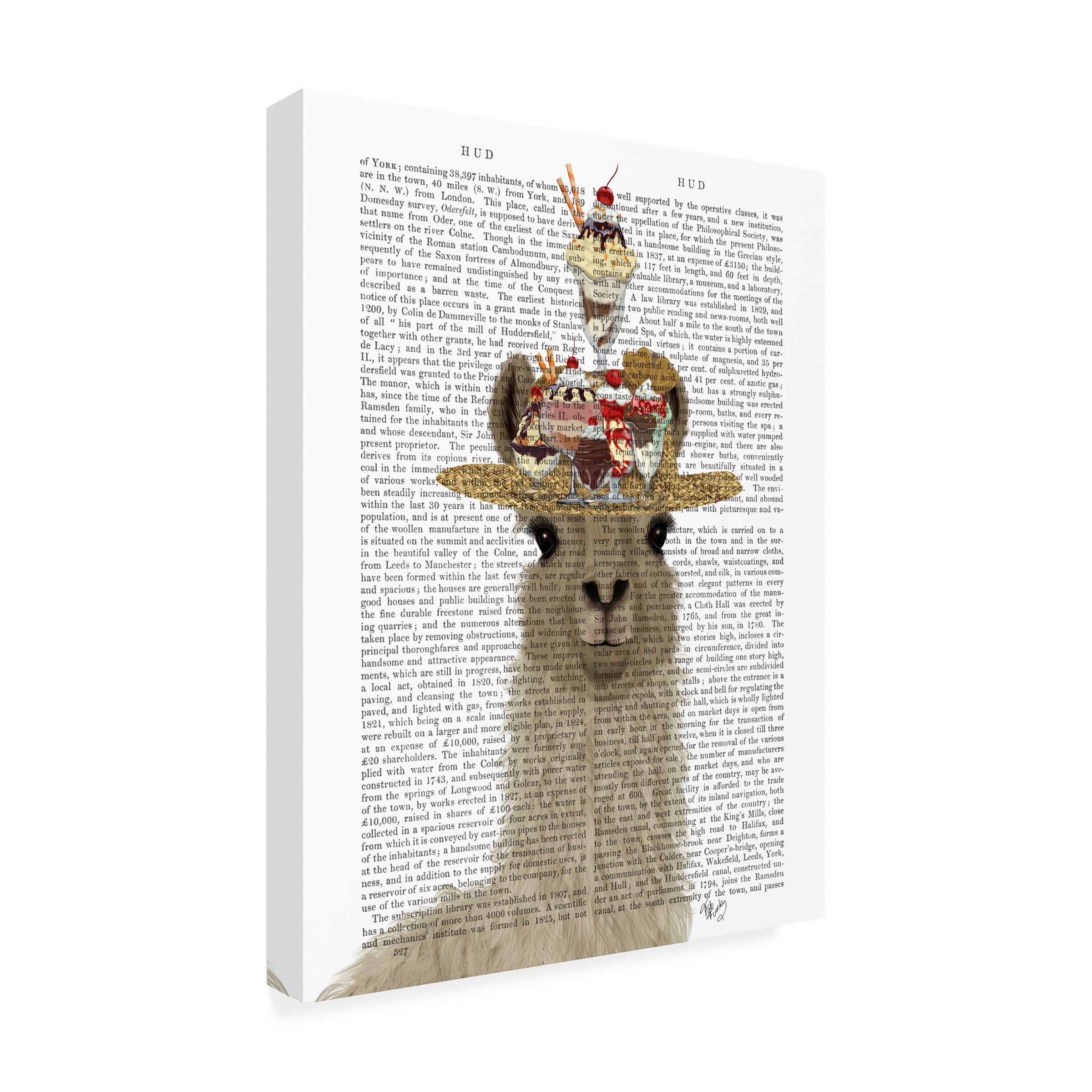 Trademark Fine Art 'Llama Ice Cream Hat Book Print' Canvas Wall Art by Fab Funky - Whimsical Home Decor for Living Room, Bedroom & Office