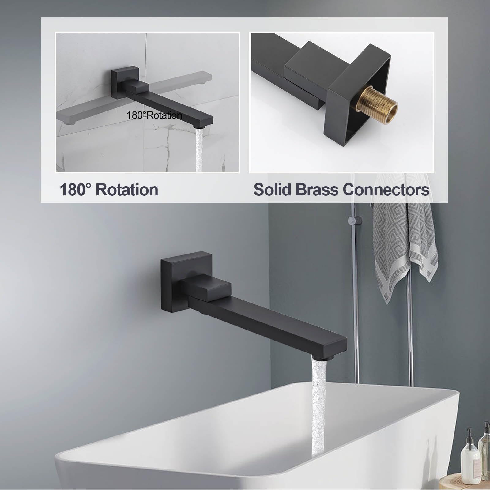 Premium Matte Black Wall Mount Shower Tub Faucet Set with Rainfall Shower Head & 180° Folding Tub Spout - Single Handle Bathtub and Shower Trim Kit for Modern Bathroom Renovation (Ideal for Master Bath, Guest Bath & Spa-Like Shower Experience)