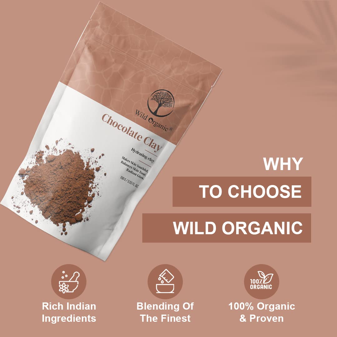 Organic Wild Chocolate Clay Powder - 100g Hydrating & Detoxifying Mask for Skin & Hair - Radiant Glow, Balances Skin Tone, Anti-Aging - Perfect for Spa Day & Self-Care Routine