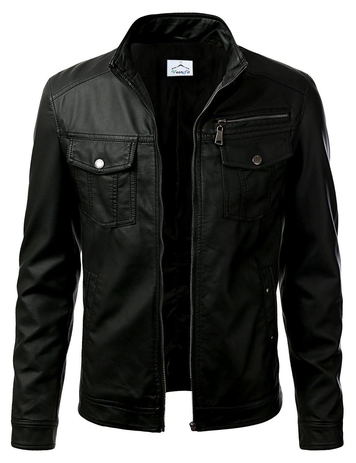 VearFit Men's Classic Black Faux PU Leather Biker Jacket - Motorcycle Riding Jacket for Men, Stylish Outerwear for Casual Wear & Night Out