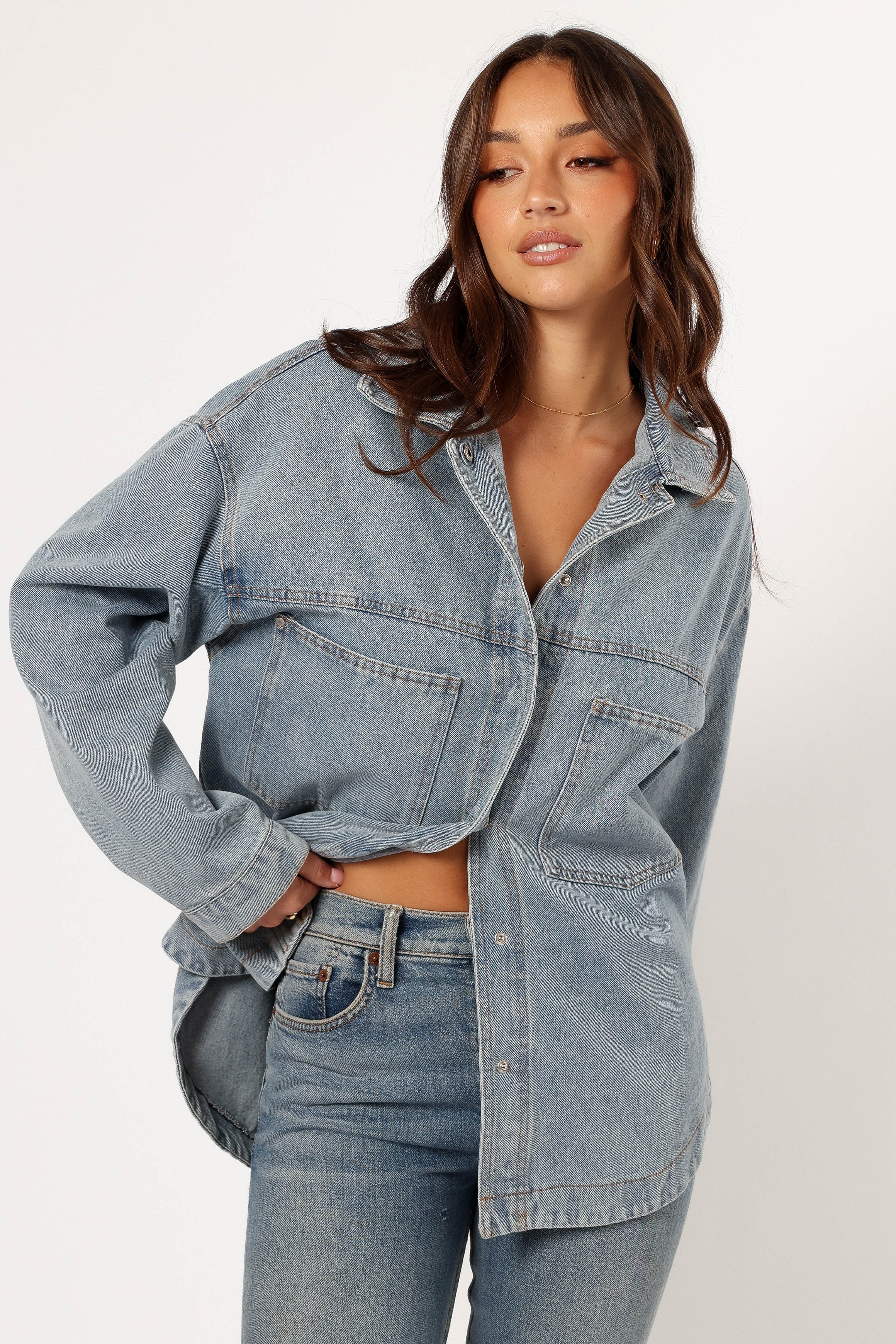 Cassie Oversized Denim Shacket Jacket for Women - Blue Distressed Denim Coat with Button Front - Perfect for Casual Outfits, Layering & Fall Fashion