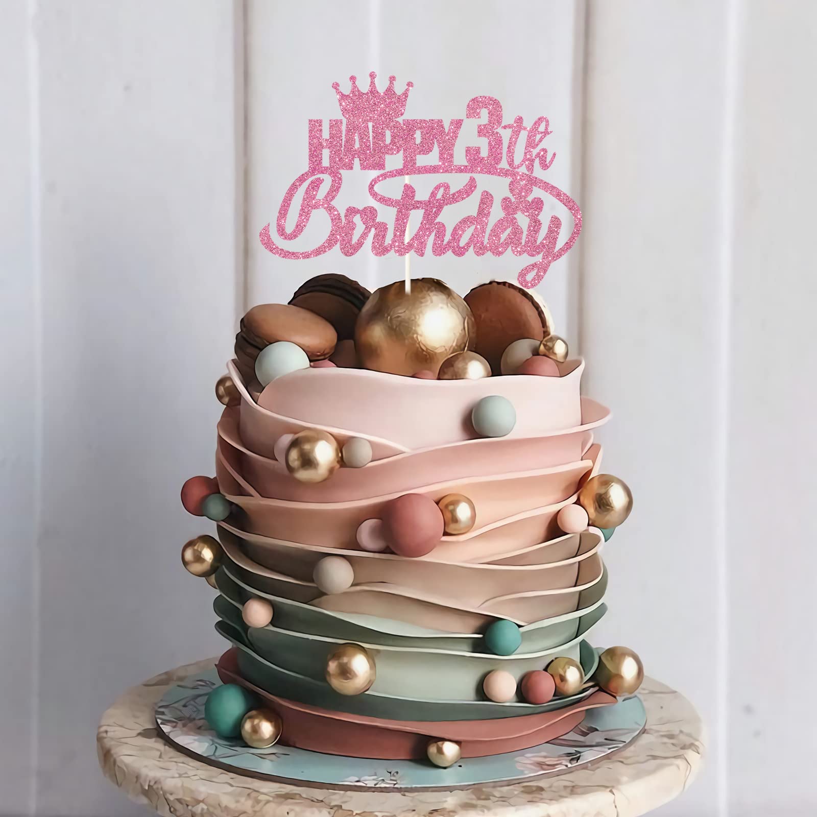 Rose Gold Glitter 3rd Birthday Cake Topper with Crown - Princess Theme Cake Decorations for Little Girls - Perfect for Birthday Parties, Celebrations & Princess Themed Events