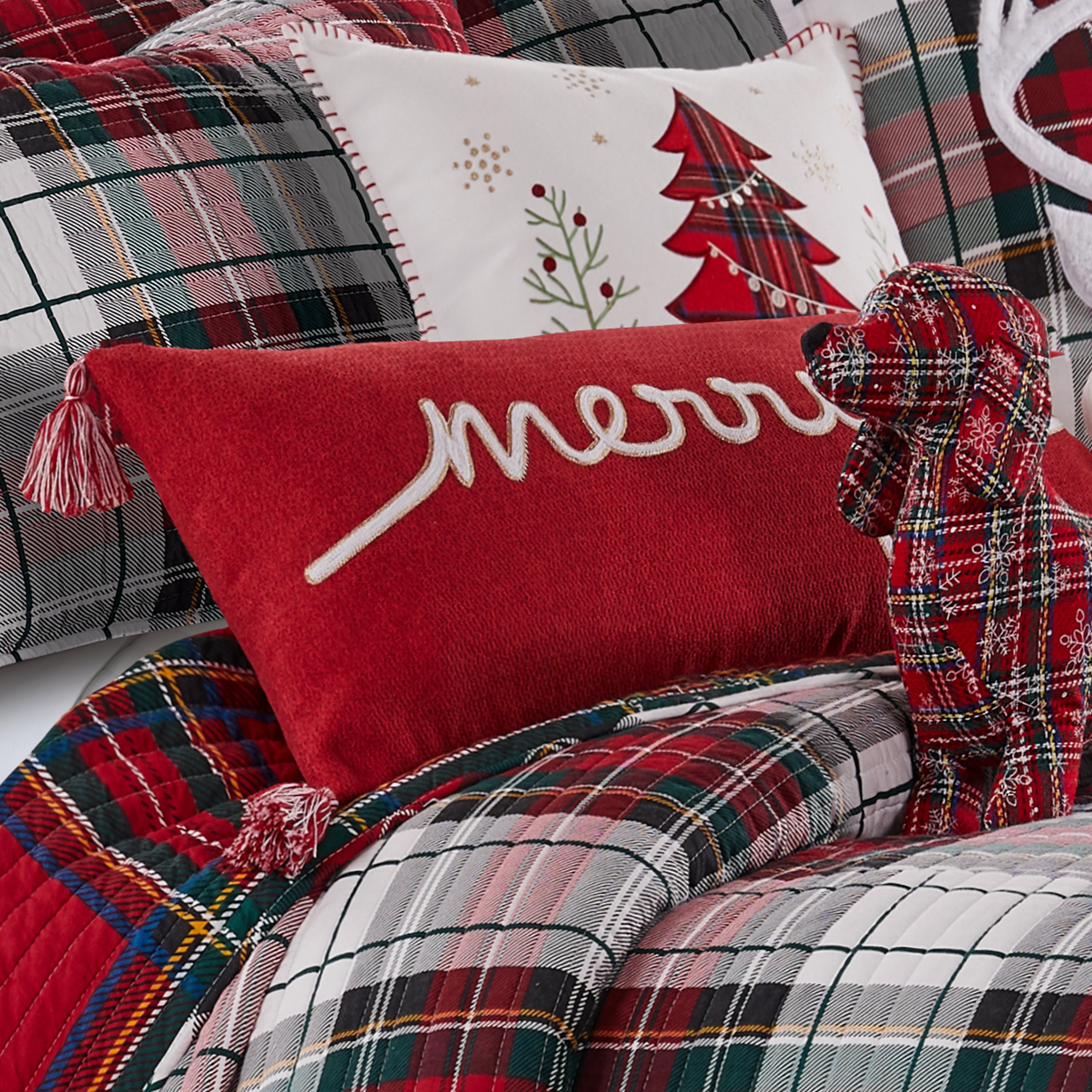 Stylish Spencer Plaid Merry Embroidered Throw Pillow - Perfect for Christmas Decor, Sofa & Bedroom Accent