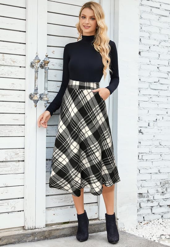 JayscreateEU Women's Midi Plaid Skirt with Pockets - High Elastic Waist Flowy Long Skirt for Office, Party & Casual Wear