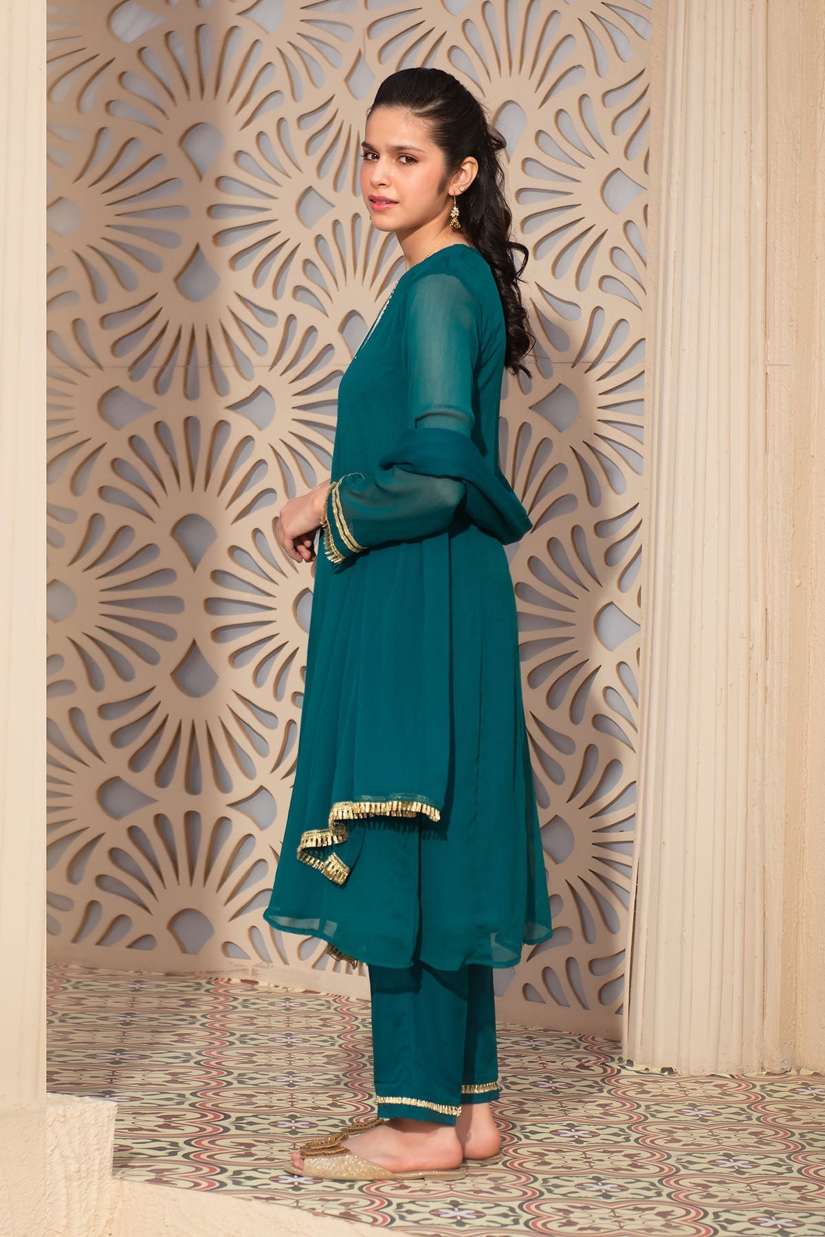 Emerald Green Chiffon Hand Embroidered Suit with Ochre Stitching - Perfect for Weddings, Parties & Special Occasions