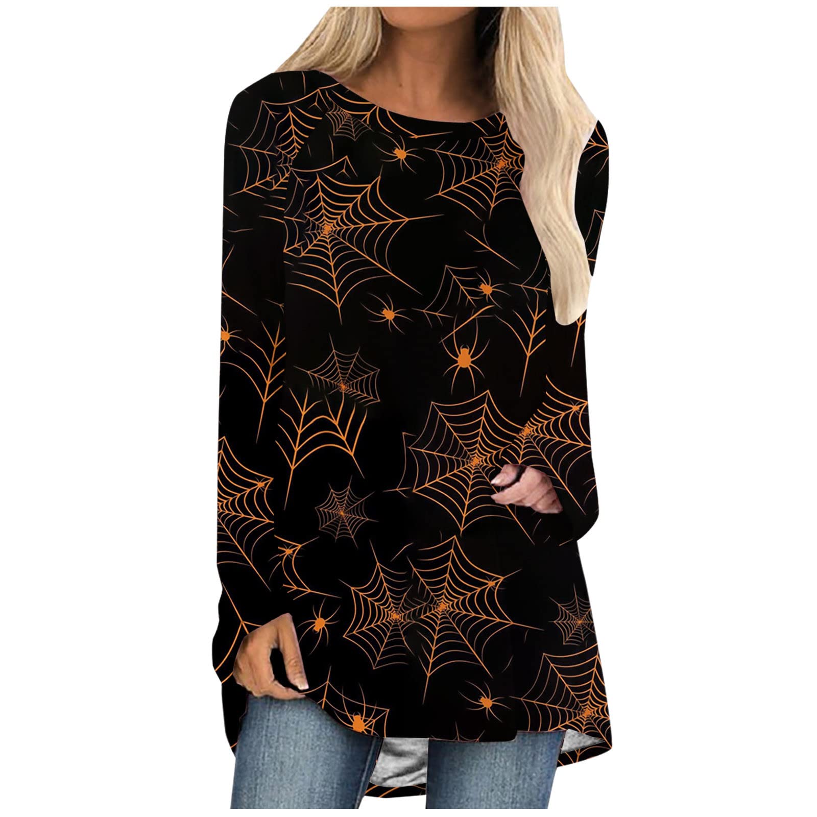 Women's Long Sleeve Halloween Print Tunic T-Shirt - Casual Round Neck Blouse for Autumn & Club Parties | Perfect for Costume Events, Fall Outfits & Nightlife