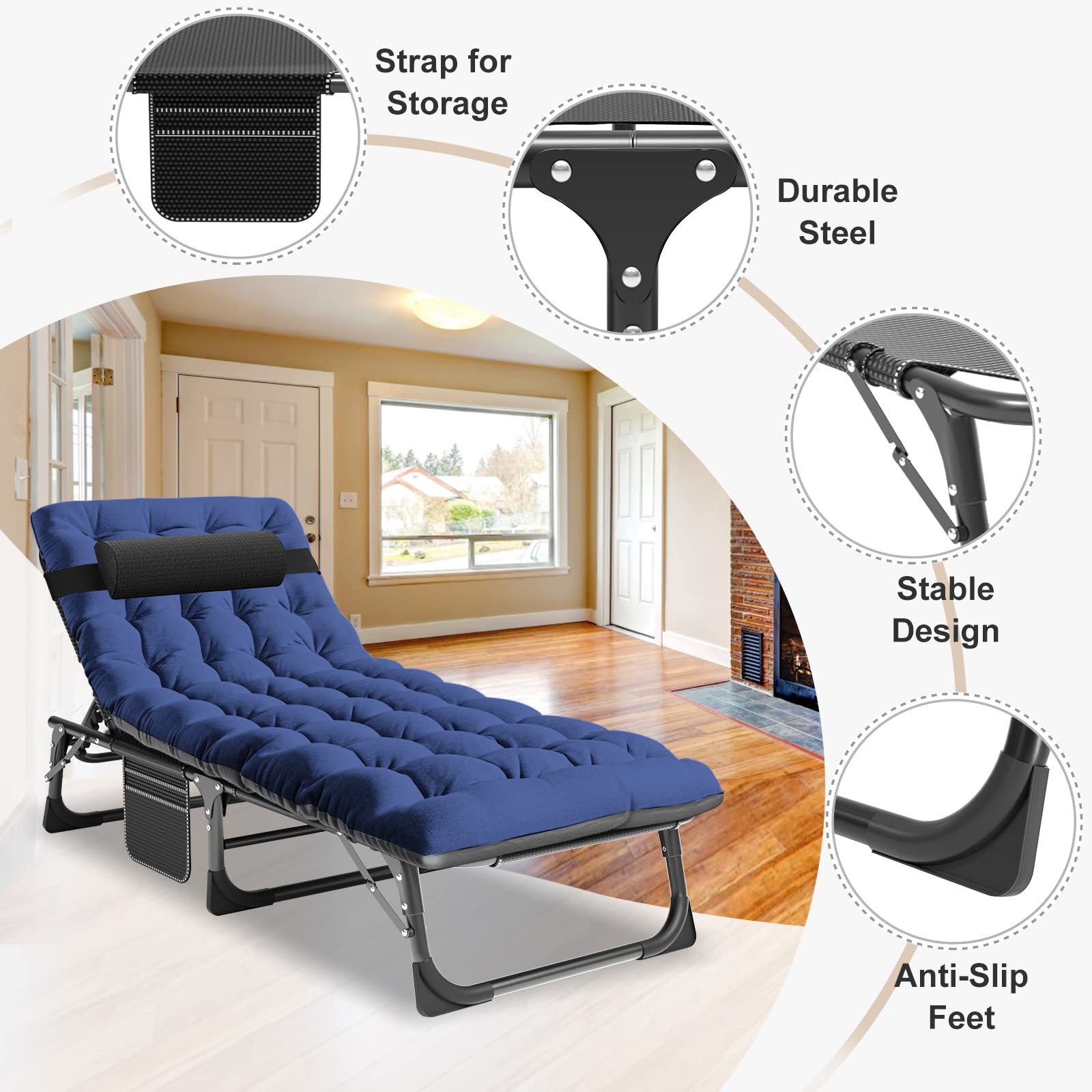 ABORON 5-Position Adjustable Camping Cot for Adults - Portable Folding Sleeping Cot & Outdoor Lounge Chair with Pillow - Perfect for Beach, Poolside, Lawn, Backyard, Camping & Sunbathing