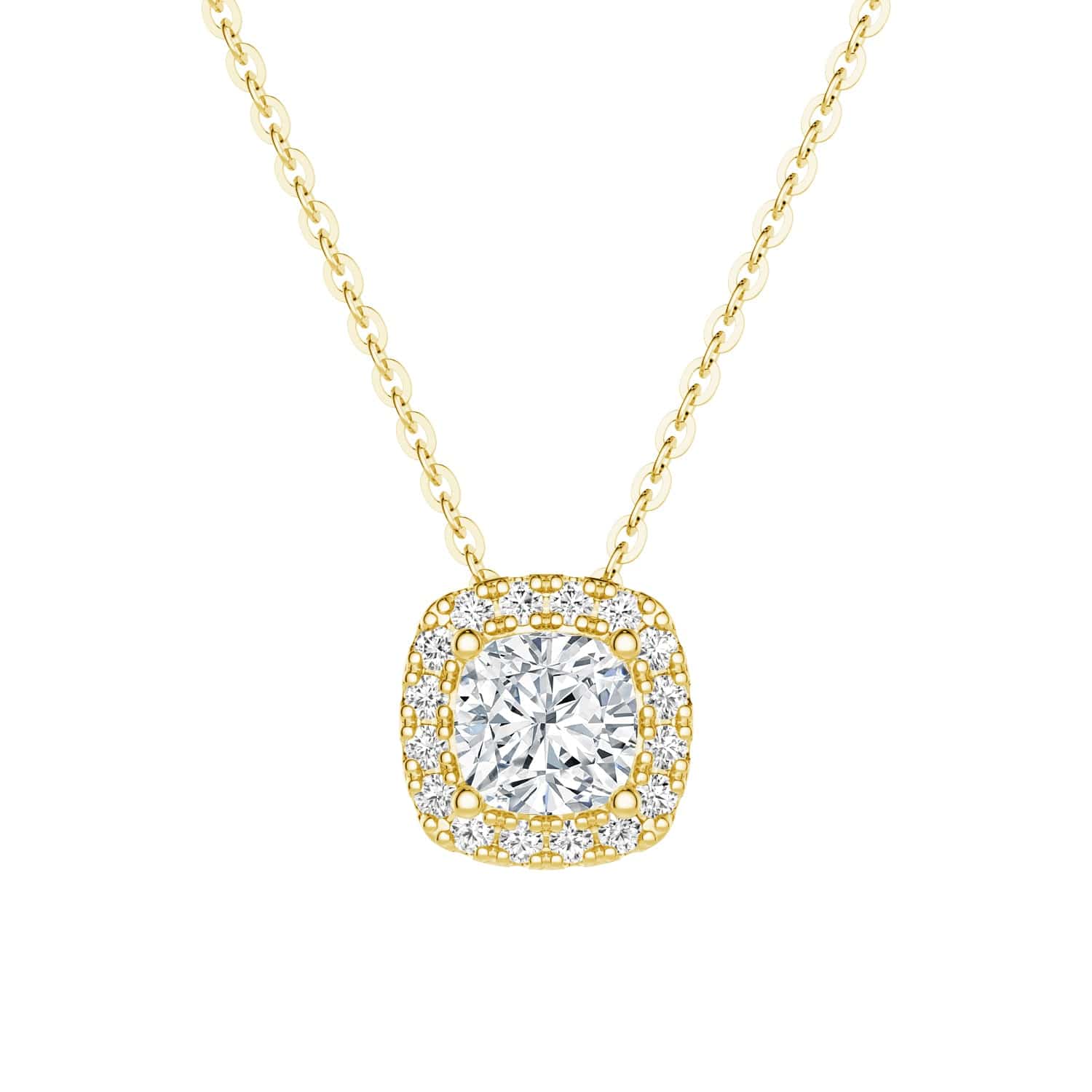 Exquisite Cushion Cut Pavé Moissanite Halo Pendant Necklace | 14K Gold Plated | Elegant Jewelry Gift for Women | Perfect for Weddings, Anniversaries & Special Occasions