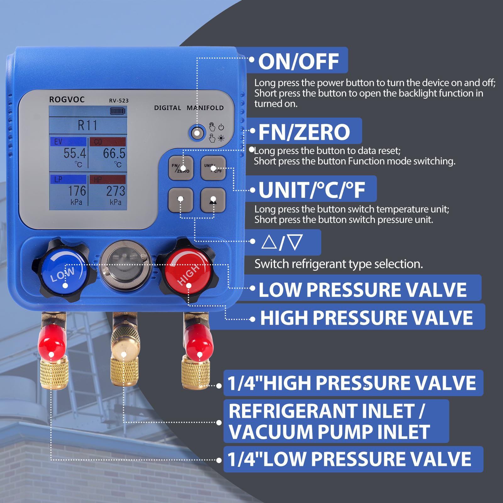Professional Digital Manifold Gauge Set for HVAC Systems - R22/R410A/R134A Refrigerant AC Pressure & Leak Testing Kit with 3 Hoses | Perfect for HVAC Technicians, AC Maintenance & Refrigerant Recharging