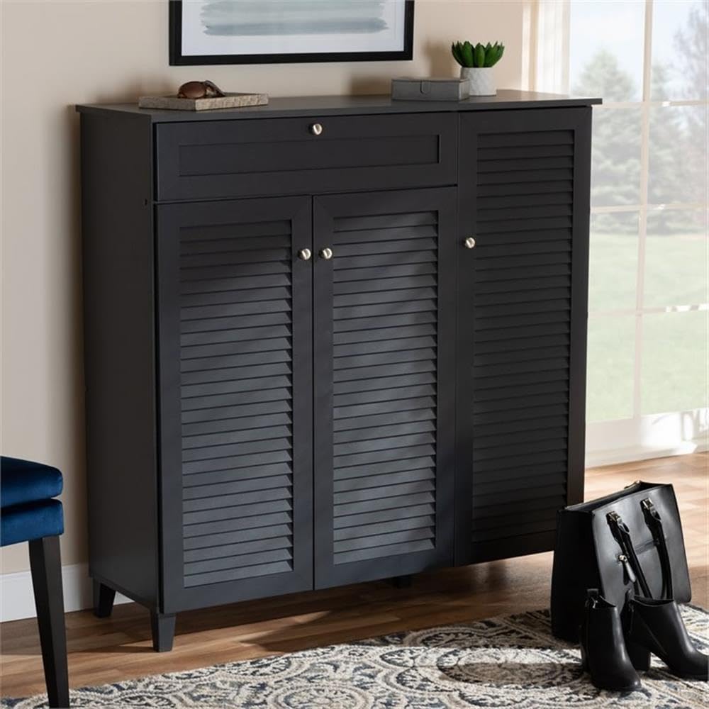 Baxton Studio Coolidge Modern 11-Shelf Shoe Storage Cabinet with Drawer - Dark Grey Wooden Organizer for Entryway, Bedroom & Closet Organization