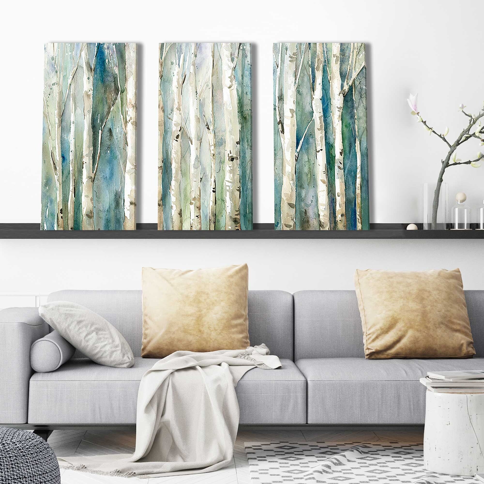 Birch River Walk 3-Piece Canvas Wall Art Set - Nature Landscape Painting for Living Room, Bedroom & Office Decor