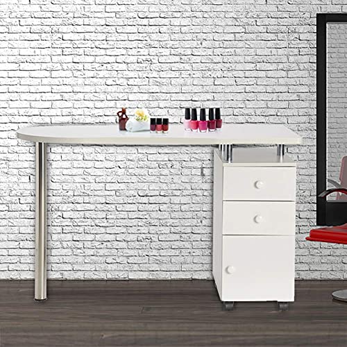 Professional Binrrio Manicure Table with Wheels - Adjustable Nail Art Station for Salon & Spa, Portable Beauty Workstation with Metal Legs - Perfect for Nail Technicians, Home Salons & Mobile Services (White)