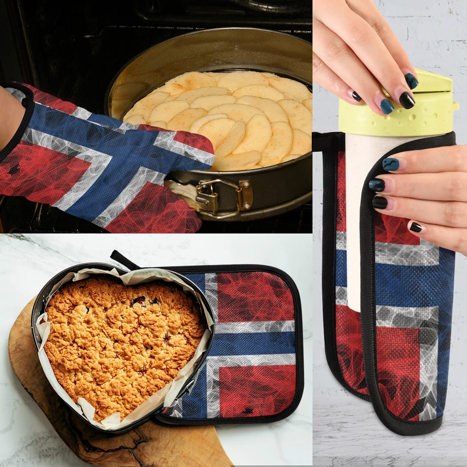 Heat Resistant Norway Flag Oven Mitts & Pot Holders Set - Kitchen Gloves for Cooking, Baking, Grilling & Microwave Use - Perfect for Holiday Baking, BBQ Parties & Home Kitchen Safety