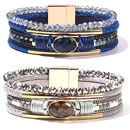 Fancy Shiny Leather Wrap Bracelets with Crystal Beads & Stone Charms - Boho Cuff Bracelet with Magnetic Clasp for Women | Perfect for Festivals, Parties & Everyday Boho Style